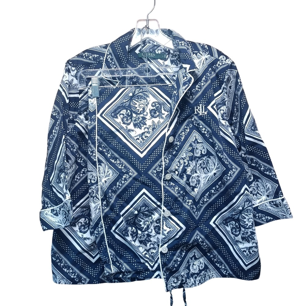 Lauren Ralph Lauren Pajama Set Navy White Bandana Paisley Print L Sleepwear‎ 2pc